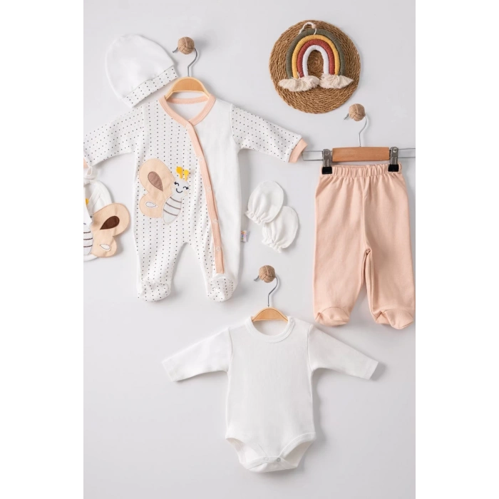 Eterelle Kelebek Nakışlı Tulumlu % 100 Pamuk Erkek Bebek 5li Set