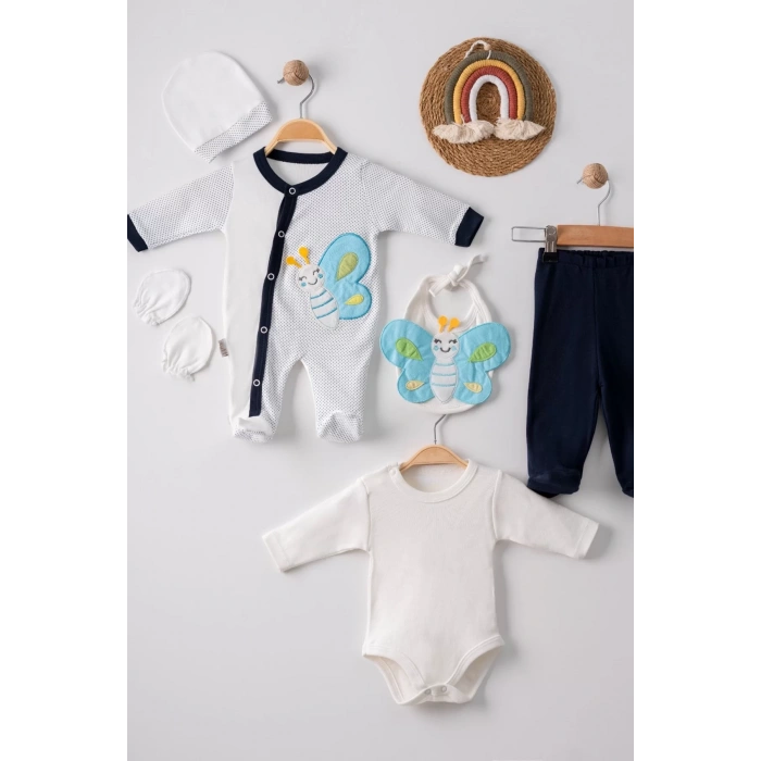 Eterelle Kelebek Nakışlı Tulumlu % 100 Pamuk Erkek Bebek 5li Set