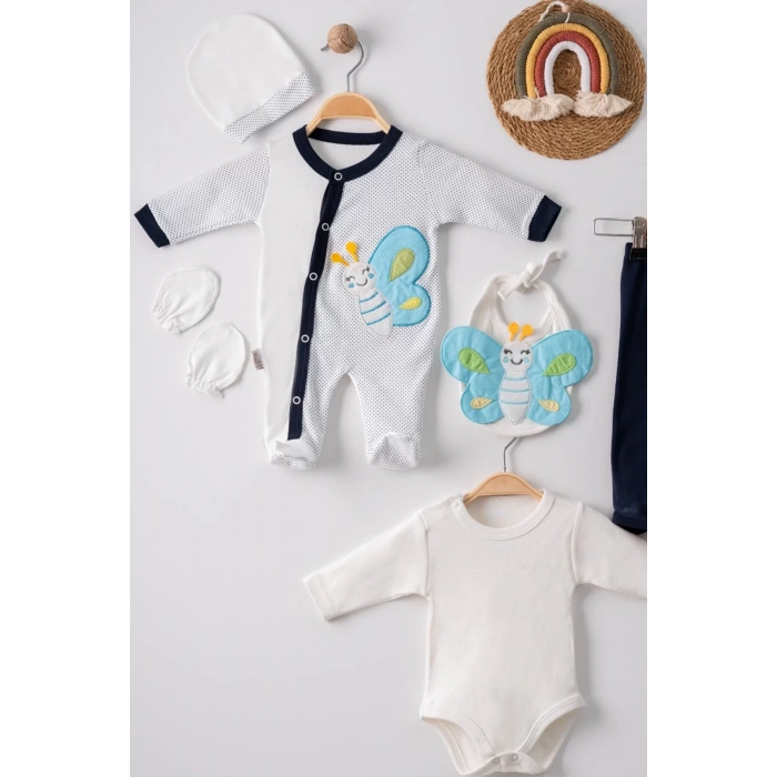 Eterelle Kelebek Nakışlı Tulumlu % 100 Pamuk Erkek Bebek 5li Set