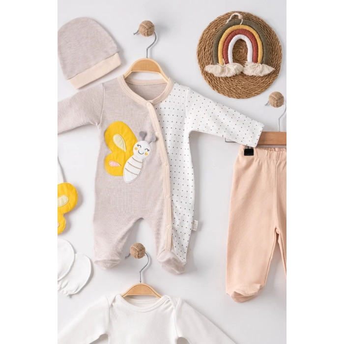 Eterelle Kelebek Nakışlı Tulumlu % 100 Pamuk Erkek Bebek 5li Set