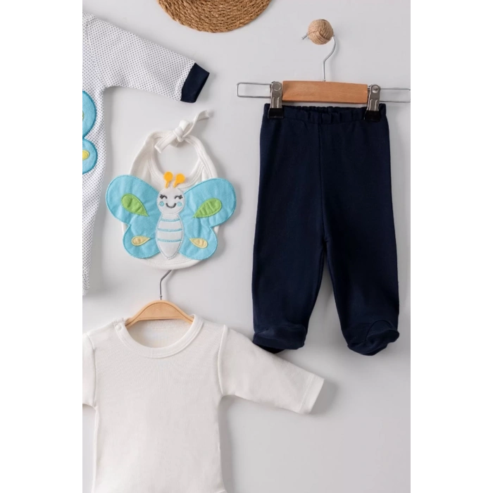Eterelle Kelebek Nakışlı Tulumlu % 100 Pamuk Erkek Bebek 5li Set