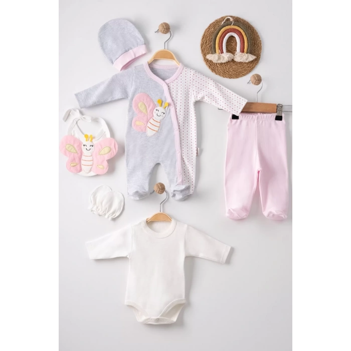 Eterelle Kelebek Nakışlı Tulumlu % 100 Pamuk Kız Bebek 5li Set