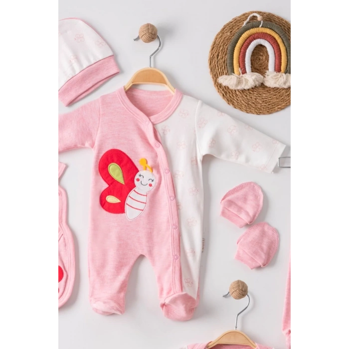 Eterelle Kelebek Nakışlı Tulumlu % 100 Pamuk Kız Bebek 5li Set