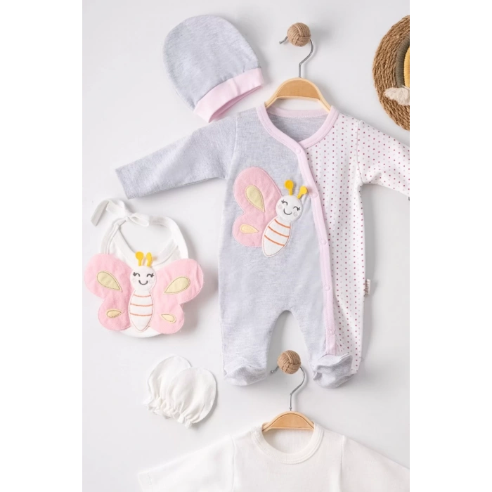 Eterelle Kelebek Nakışlı Tulumlu % 100 Pamuk Kız Bebek 5li Set