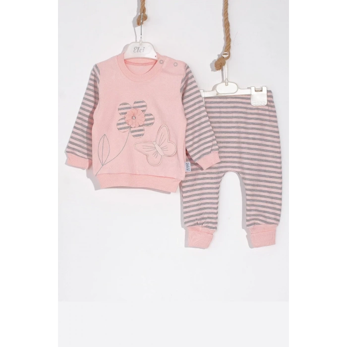 Eterelle Kelebekli Çiçek Nakışlı Pamuklu 2li Kız Bebek Takımı