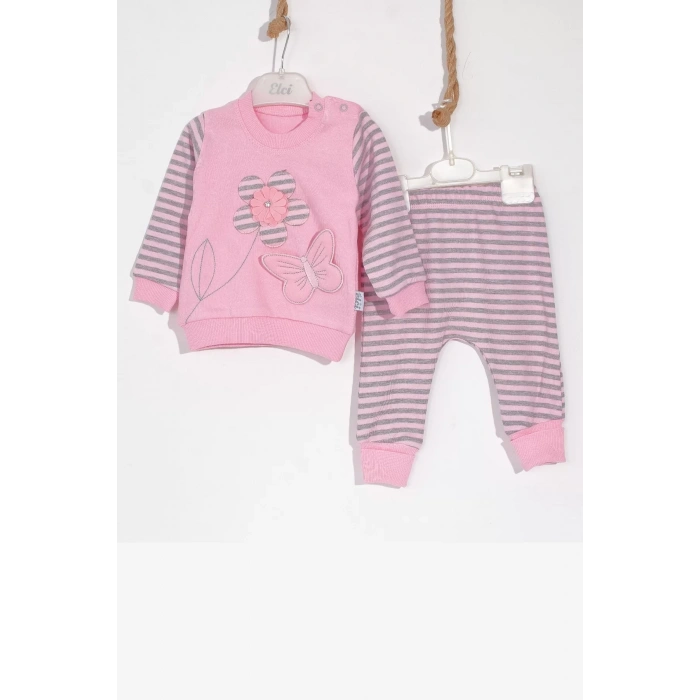 Eterelle Kelebekli Çiçek Nakışlı Pamuklu 2li Kız Bebek Takımı