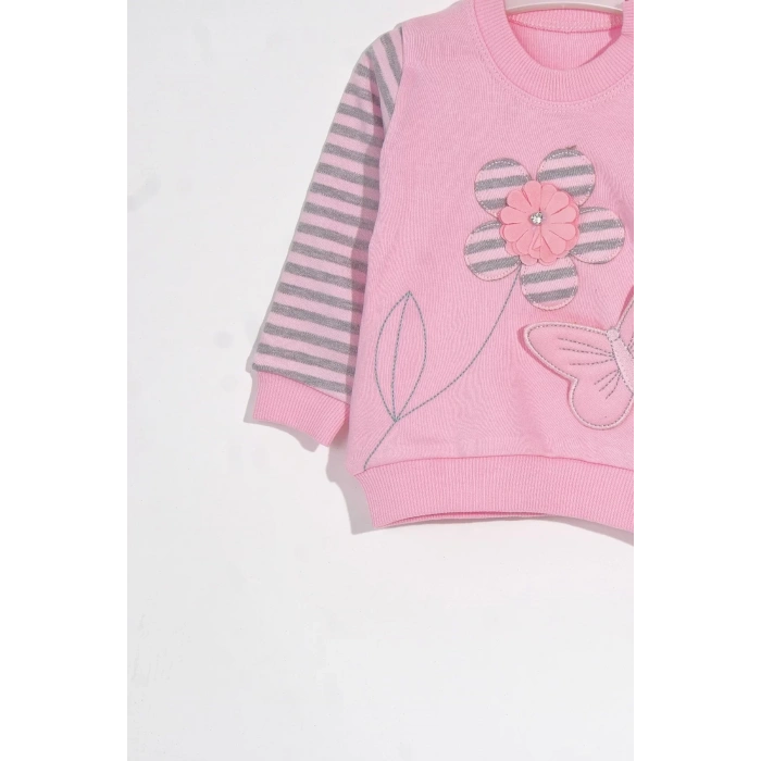 Eterelle Kelebekli Çiçek Nakışlı Pamuklu 2li Kız Bebek Takımı