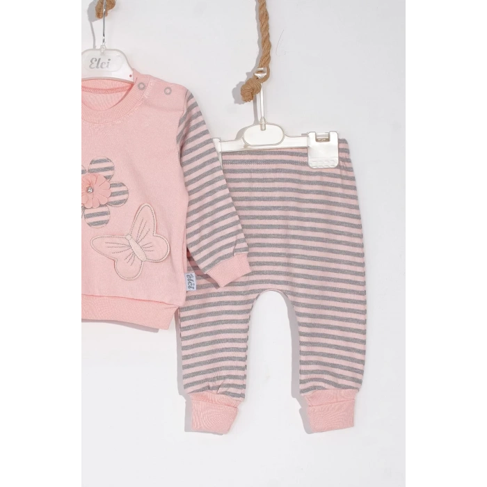 Eterelle Kelebekli Çiçek Nakışlı Pamuklu 2li Kız Bebek Takımı
