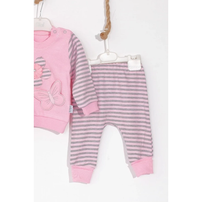 Eterelle Kelebekli Çiçek Nakışlı Pamuklu 2li Kız Bebek Takımı