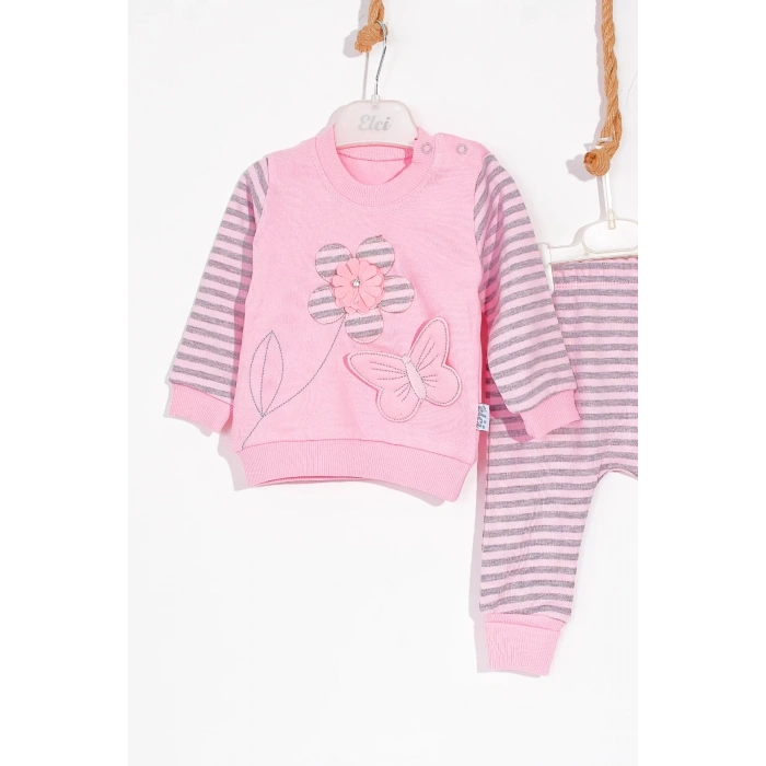 Eterelle Kelebekli Çiçek Nakışlı Pamuklu 2li Kız Bebek Takımı