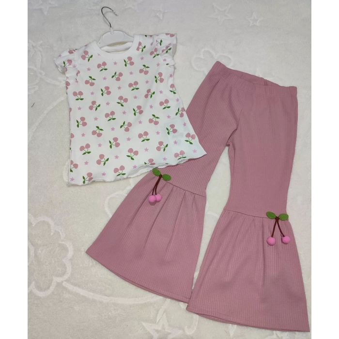 Eterelle 1-2-3-4 Yaş Kiraz Baskılı Tişört İspanyol Paçalı Likralı 2li Kız Çocuk Takımı Gül Kurusu