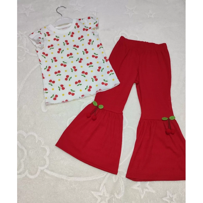 Eterelle 1-2-3-4 Yaş Kiraz Baskılı Tişört İspanyol Paçalı Likralı 2li Kız Çocuk Takımı Kırmızı