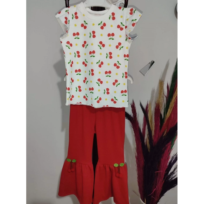 Eterelle 1-2-3-4 Yaş Kiraz Baskılı Tişört İspanyol Paçalı Likralı 2li Kız Çocuk Takımı Kırmızı