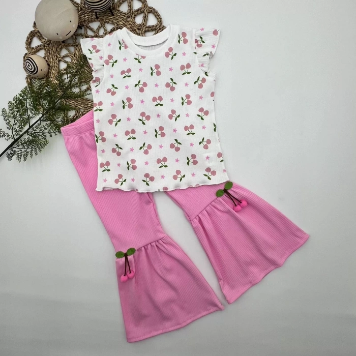 Eterelle 1-2-3-4 Yaş Kiraz Baskılı Tişört İspanyol Paçalı Likralı 2li Kız Çocuk Takımı Pembe