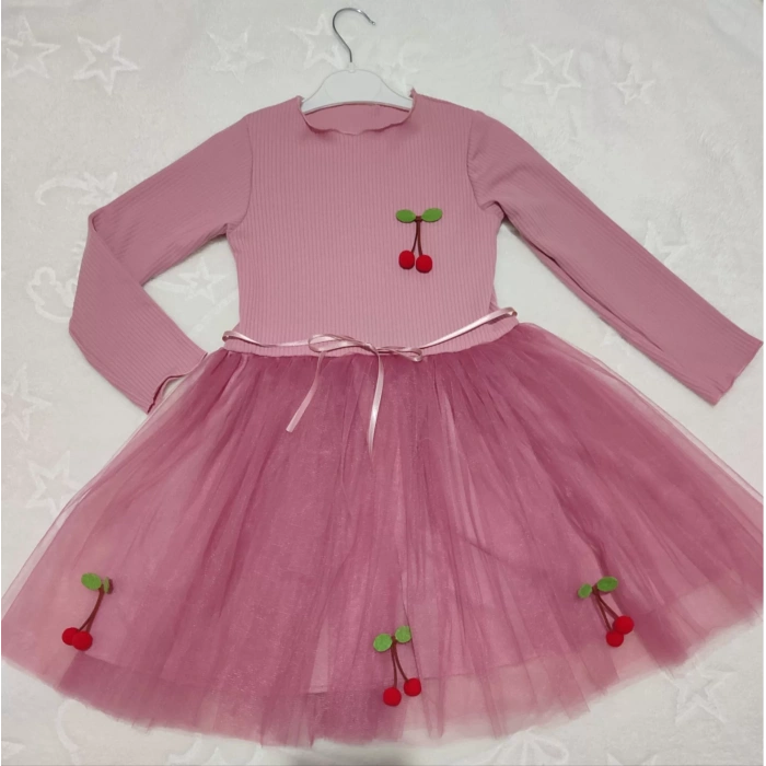 Eterelle 5-6-7 Yaş Kiraz Desenli Kurdela Kuşaklı Astarlı Uzun Kollu Kız Çocuk Tütü Elbise Gül Kurusu