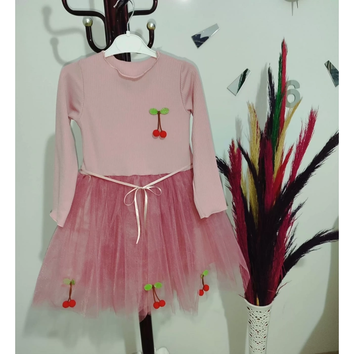 Eterelle 5-6-7 Yaş Kiraz Desenli Kurdela Kuşaklı Astarlı Uzun Kollu Kız Çocuk Tütü Elbise Gül Kurusu