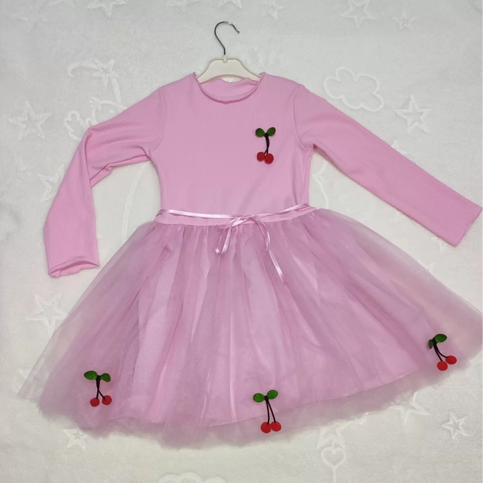 Eterelle 5-6-7 Yaş Kiraz Desenli Kurdela Kuşaklı Astarlı Uzun Kollu Kız Çocuk Tütü Elbise Pembe