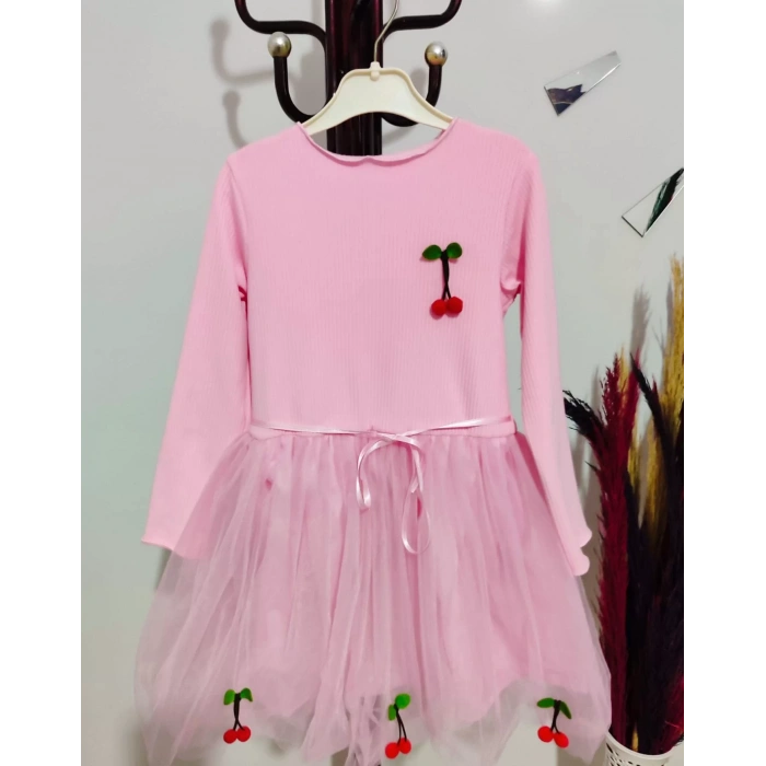 Eterelle 5-6-7 Yaş Kiraz Desenli Kurdela Kuşaklı Astarlı Uzun Kollu Kız Çocuk Tütü Elbise Pembe