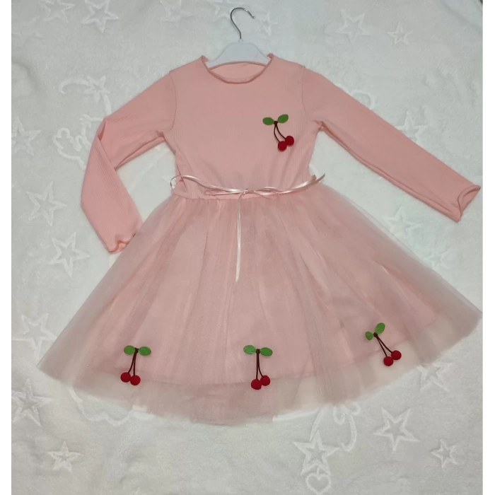 Eterelle 5-6-7 Yaş Kiraz Desenli Kurdela Kuşaklı Astarlı Uzun Kollu Kız Çocuk Tütü Elbise Somon