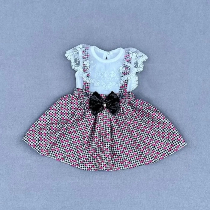 Eterelle 1-2-3 Yaş Kiraz Desenli Salopet Fiyonklu Etek Kısa Kollu Tişörtlü 2li Kız Bebek Takımı Pembe