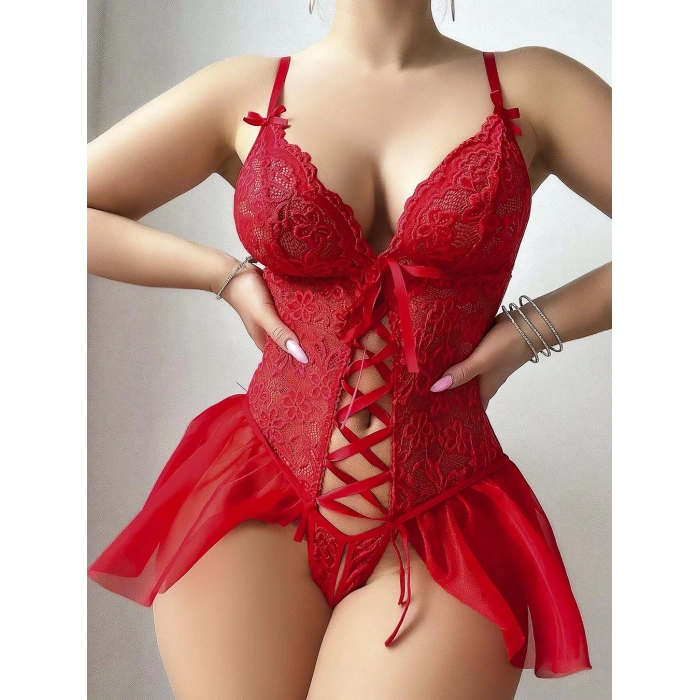 Kırmızı dantel detaylı önü dekolteli fantezi babydoll