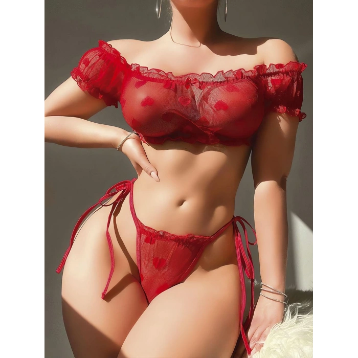 Kırmızı transparan fantezi sütyen külot takım