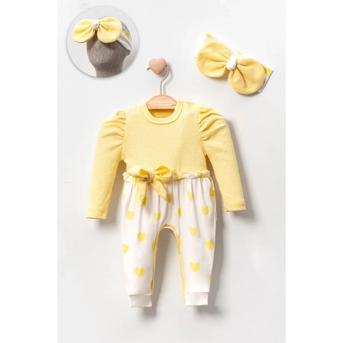 Eterelle Kız Bebek Kalp Desenli Waffle Bandanalı 2li Tulum