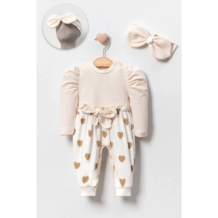 Eterelle Kız Bebek Kalp Desenli Waffle Bandanalı 2li Tulum