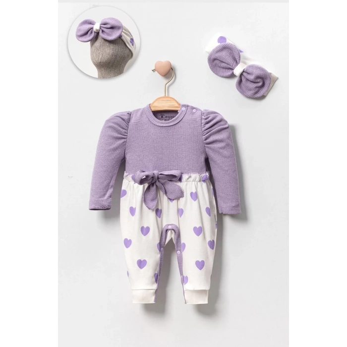 Eterelle Kız Bebek Kalp Desenli Waffle Bandanalı 2li Tulum