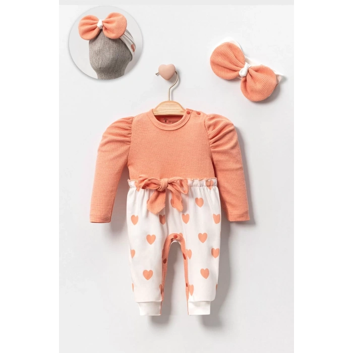 Eterelle Kız Bebek Kalp Desenli Waffle Bandanalı 2li Tulum