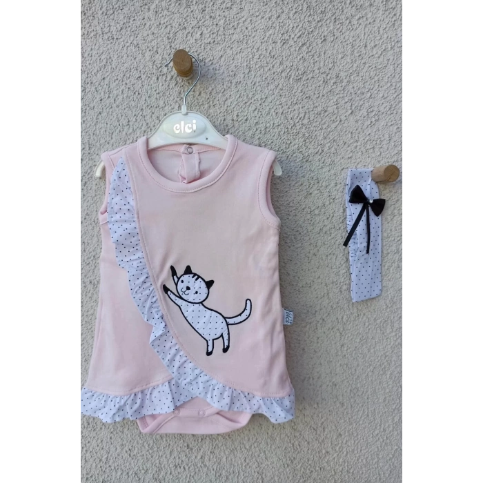 Eterelle Kız Bebek Pembe Kedili Fırfırlı Bandanalı Badi