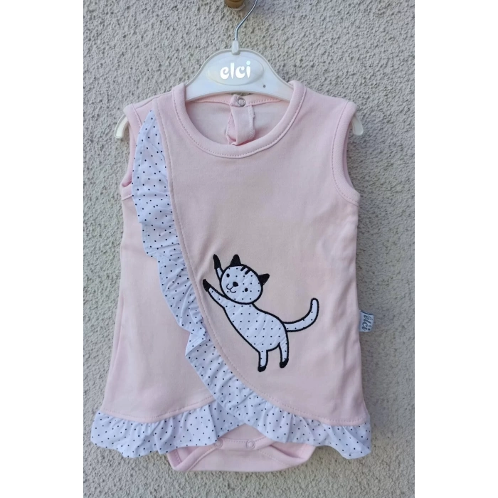 Eterelle Kız Bebek Pembe Kedili Fırfırlı Bandanalı Badi