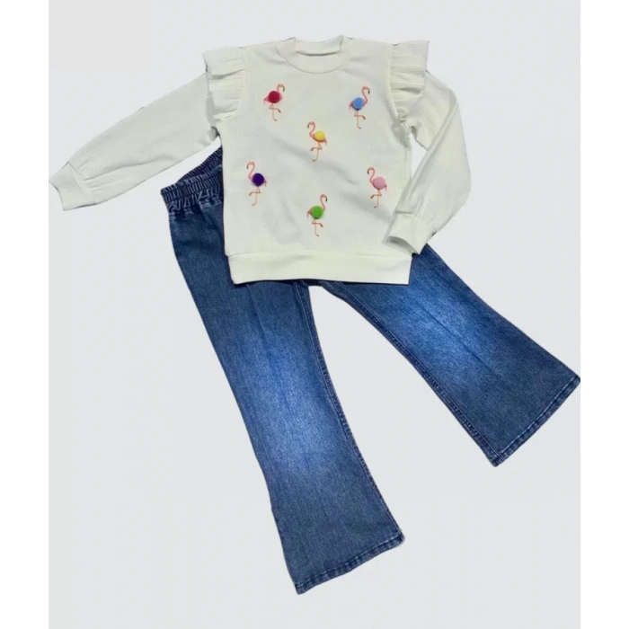 Eterelle 4-5-6 Yaş Kot Pantolonlu Flamingo Desenli Penye Sweat Uzun Kollu 2li Kız Çocuk Takımı Beyaz