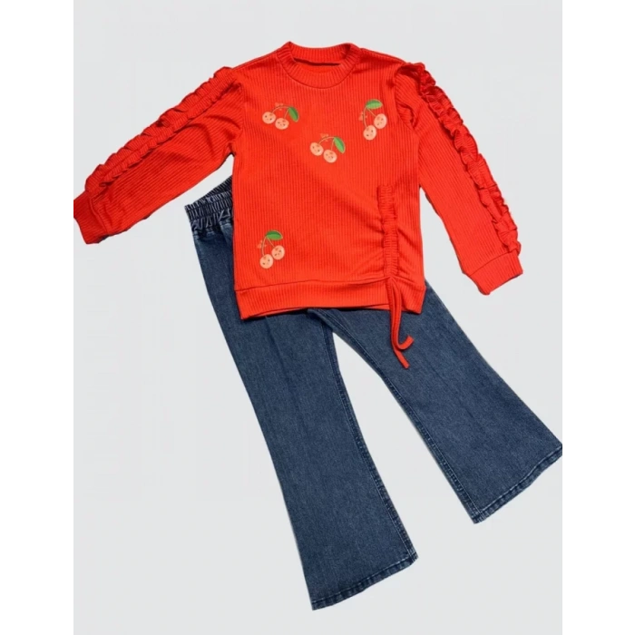 Eterelle 4-5-6 Yaş Kot Pantolonlu Kiraz Desenli Penye Sweat Uzun Kollu 2li Kız Çocuk Takımı Kırmızı