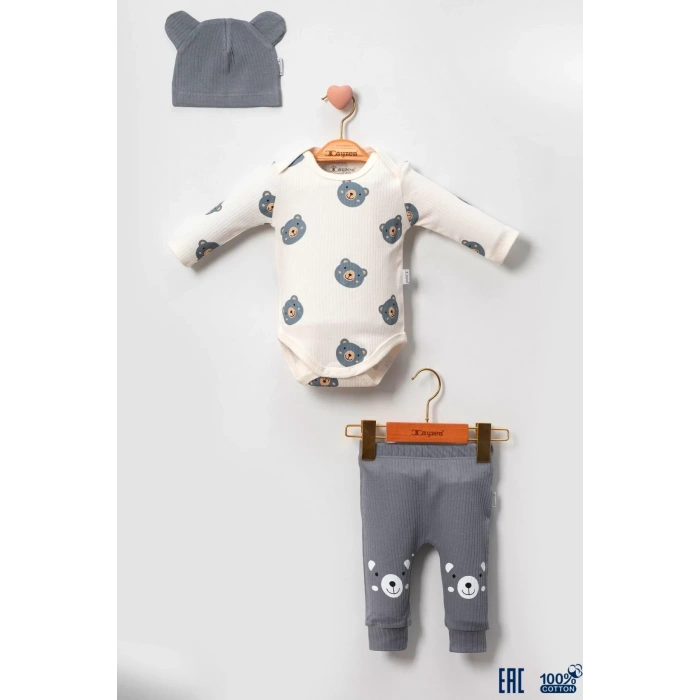 Eterelle Kulaklı Ayıcık % 100 Pamuk 3lü Erkek Bebek Takım