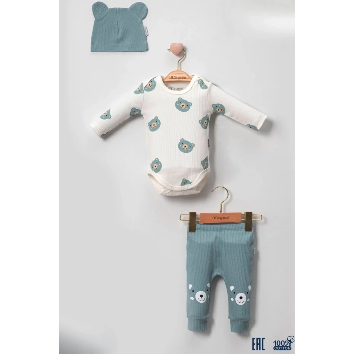 Eterelle Kulaklı Ayıcık % 100 Pamuk 3lü Erkek Bebek Takım