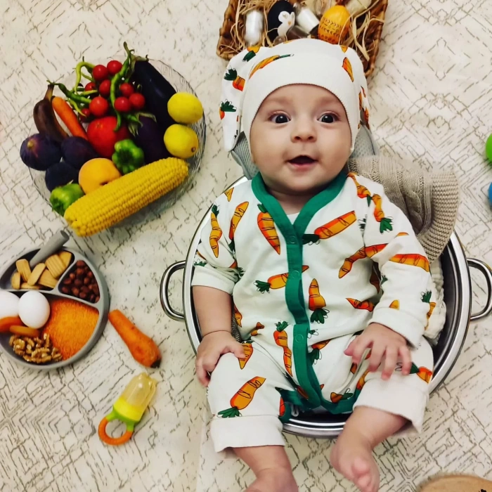 Eterelle 3-6-9-12 Ay Kulaklı Şapkalı Havuç Baskılı Boydan Çıtçıtlı Uzun Kollu Kız Erkek Bebek Tulumu Beyaz