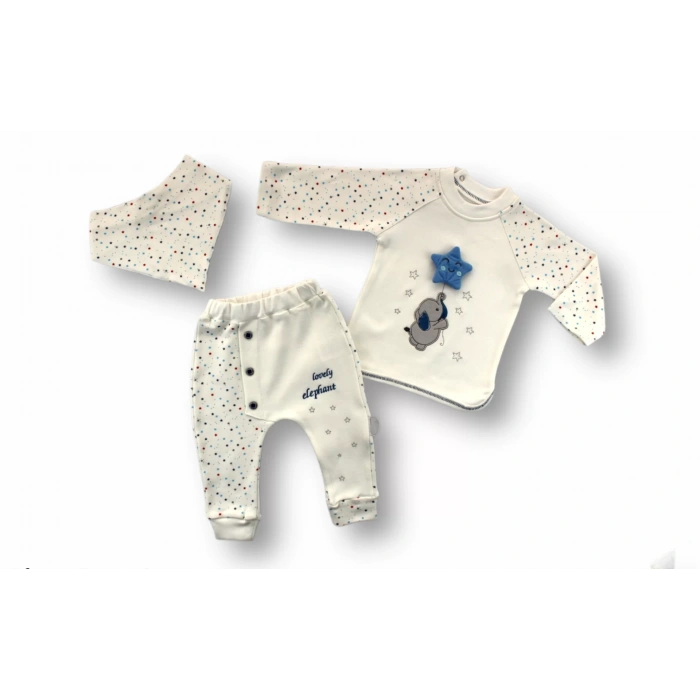 Eterelle 3-6 6-9 9-12 Ay Kutup Yıldızı Nakışlı Bandajlı Uzun Kollu Sweat 3lü Erkek Bebek Takımı Ekru