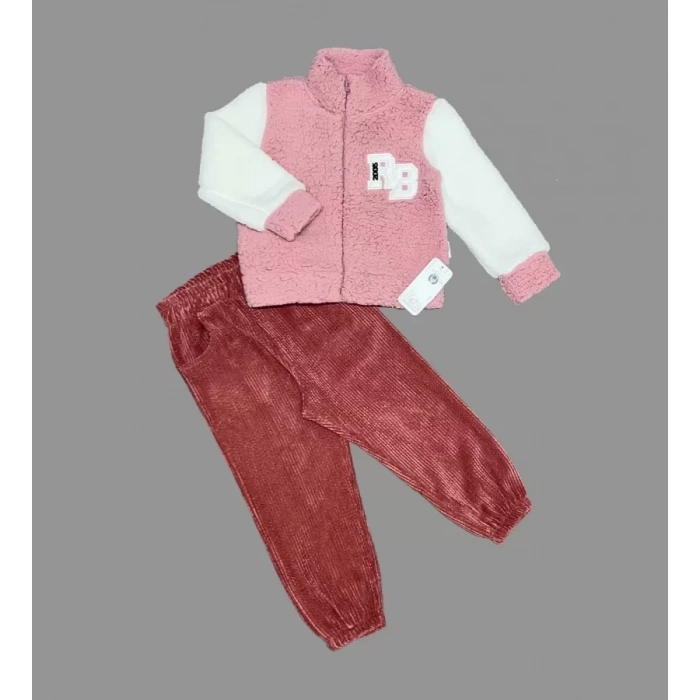 Eterelle 1-2-3 Yaş Kuzu Kumaş Fermuarlı Sweat Kadife Pantolonlu Uzun Kollu Kız Erkek Çocuk 2li Takım Gül Kurusu