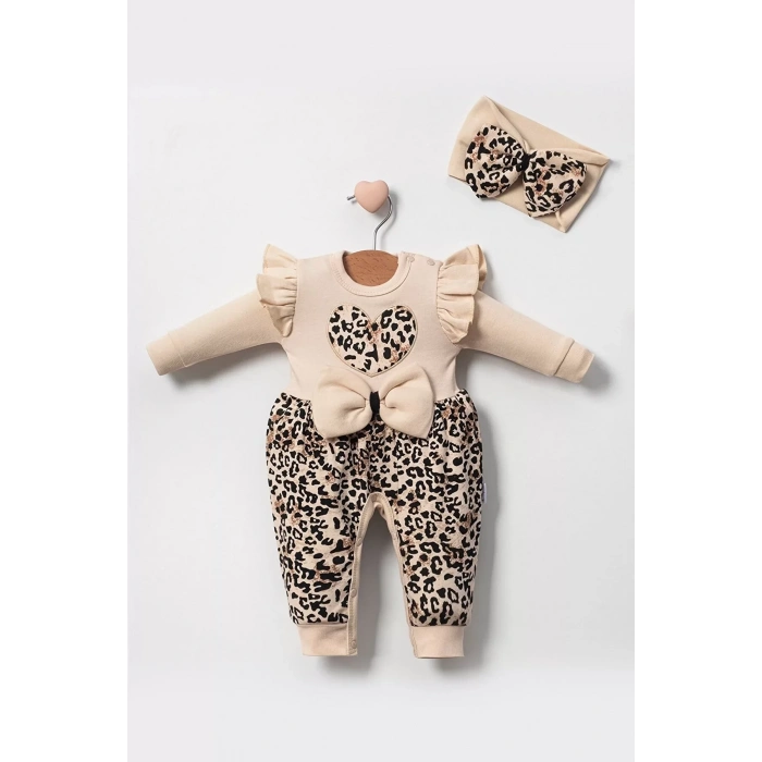 Eterelle Leopar Desenli Fiyonklu % 100 Pamuk Kız Bebek Tulum