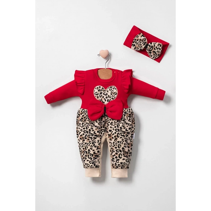 Eterelle Leopar Desenli Fiyonklu % 100 Pamuk Kız Bebek Tulum