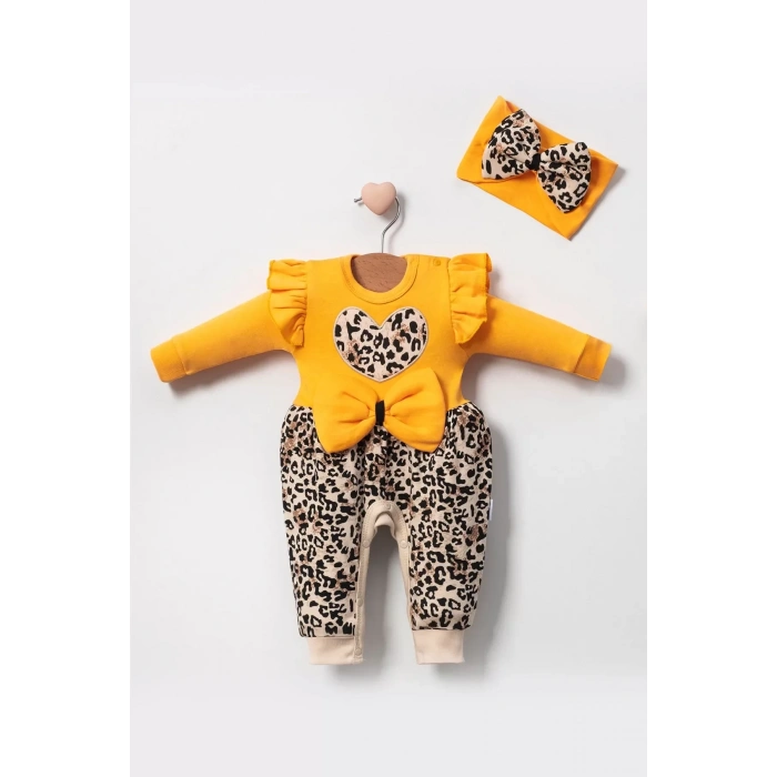 Eterelle Leopar Desenli Fiyonklu % 100 Pamuk Kız Bebek Tulum