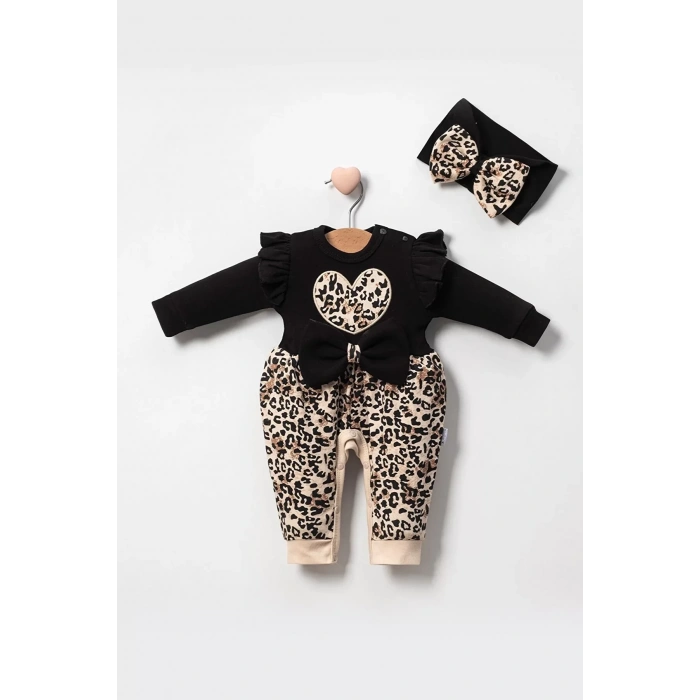 Eterelle Leopar Desenli Fiyonklu % 100 Pamuk Kız Bebek Tulum
