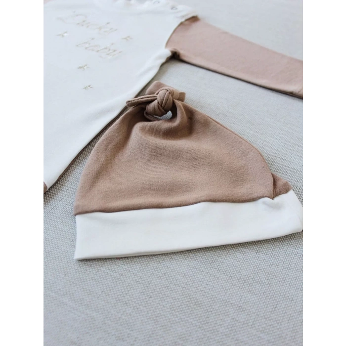 Eterelle 0-3 3-6 Ay Lucky Baby Nakışlı Es Çizgi Boy Şapkalı Erkek Bebek Tulumu Kahverengi