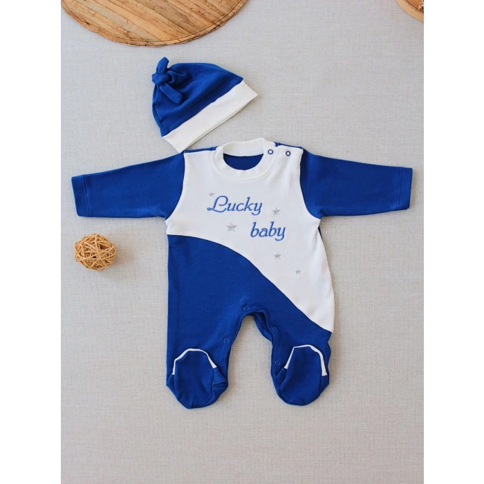 Eterelle 0-3 3-6 Ay Lucky Baby Nakışlı Es Çizgi Boy Şapkalı Erkek Bebek Tulumu Lacivert