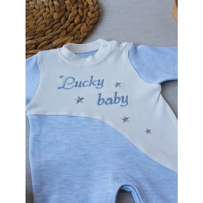 Eterelle 0-3 3-6 Ay Lucky Baby Nakışlı Es Çizgi Boy Şapkalı Erkek Bebek Tulumu Mavi