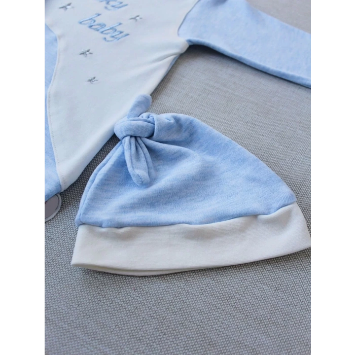 Eterelle 0-3 3-6 Ay Lucky Baby Nakışlı Es Çizgi Boy Şapkalı Erkek Bebek Tulumu Mavi