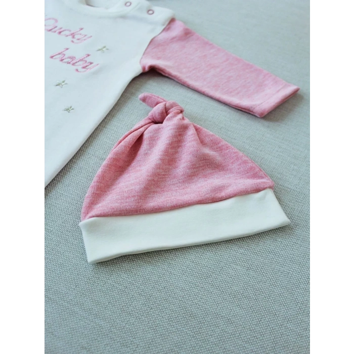 Eterelle 0-3 3-6 Ay Lucky Baby Nakışlı Es Çizgi Boy Şapkalı Kız Bebek Tulumu Pembe