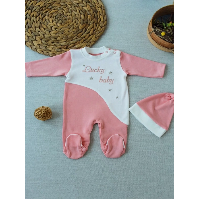 Eterelle 0-3 3-6 Ay Lucky Baby Nakışlı Es Çizgi Boy Şapkalı Kız Bebek Tulumu Pudra