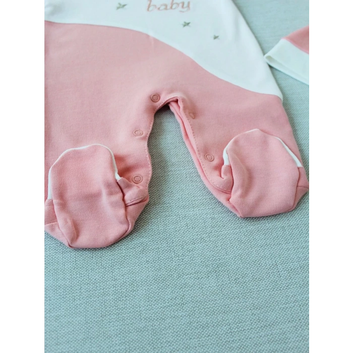 Eterelle 0-3 3-6 Ay Lucky Baby Nakışlı Es Çizgi Boy Şapkalı Kız Bebek Tulumu Pudra